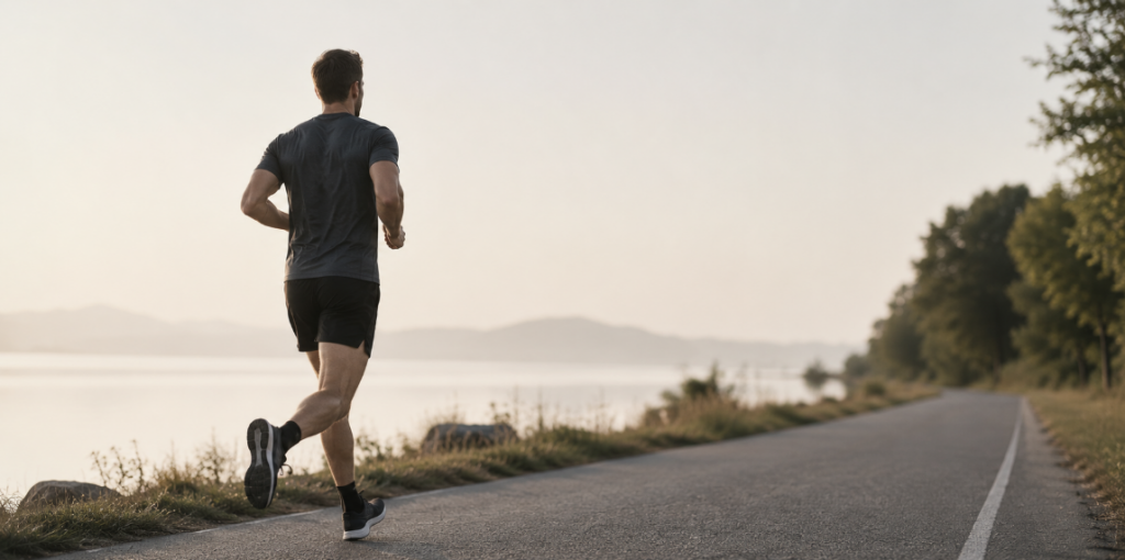 Minimalistische Darstellung von Lauftraining für Männer mit ruhigem Ausdauertraining, langfristiger Belastbarkeit und strukturierter Bewegung im natürlichen Umfeld.