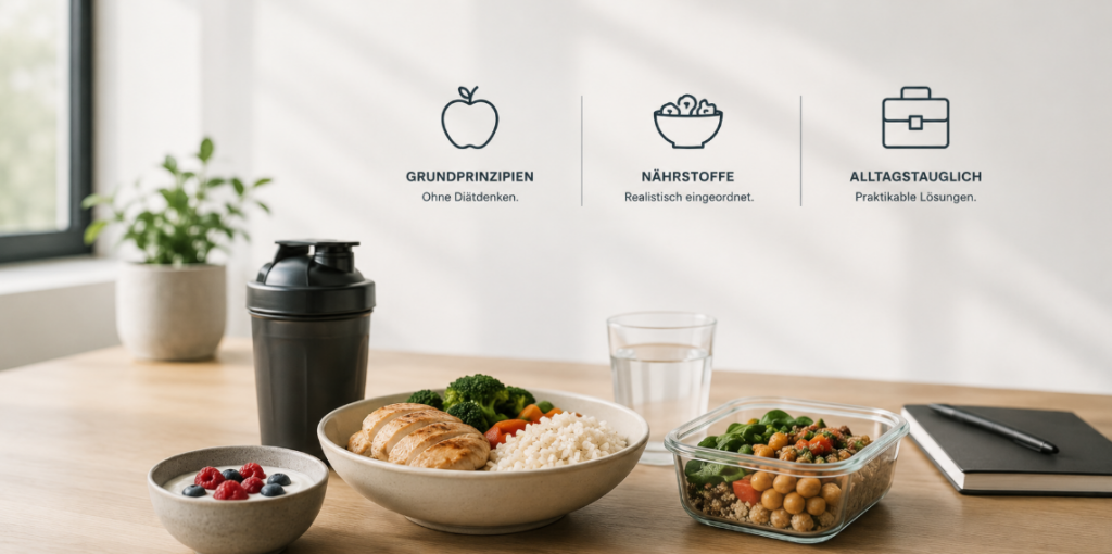 Minimalistische Darstellung von Ernährung & Alltag mit ausgewogener Ernährung, praktischen Mahlzeiten und alltagstauglichen Fitnessgewohnheiten im hellen modernen Umfeld.