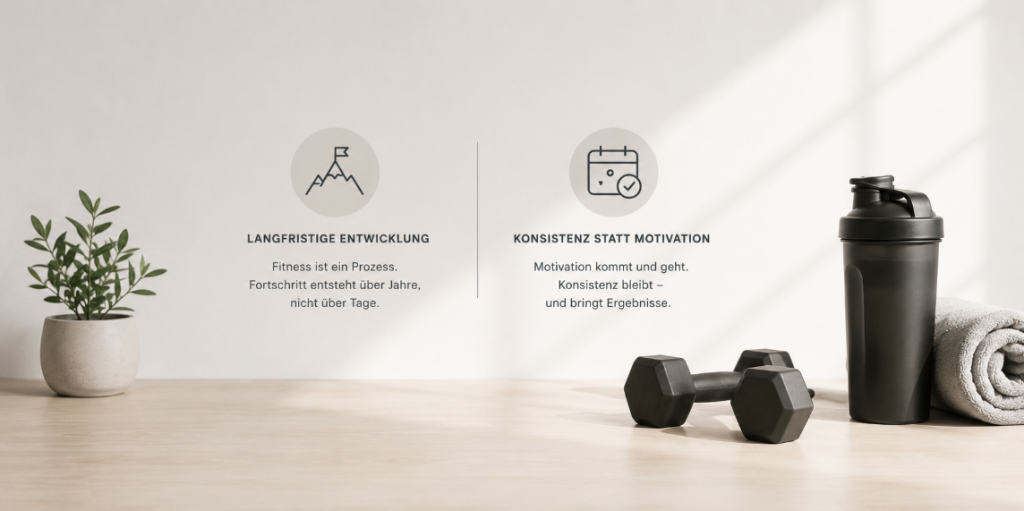 Minimalistische Darstellung von Fitness als langfristigem Prozess mit Fokus auf Konsistenz, regelmäßiges Training und nachhaltige Entwicklung im hellen professionellen Umfeld.