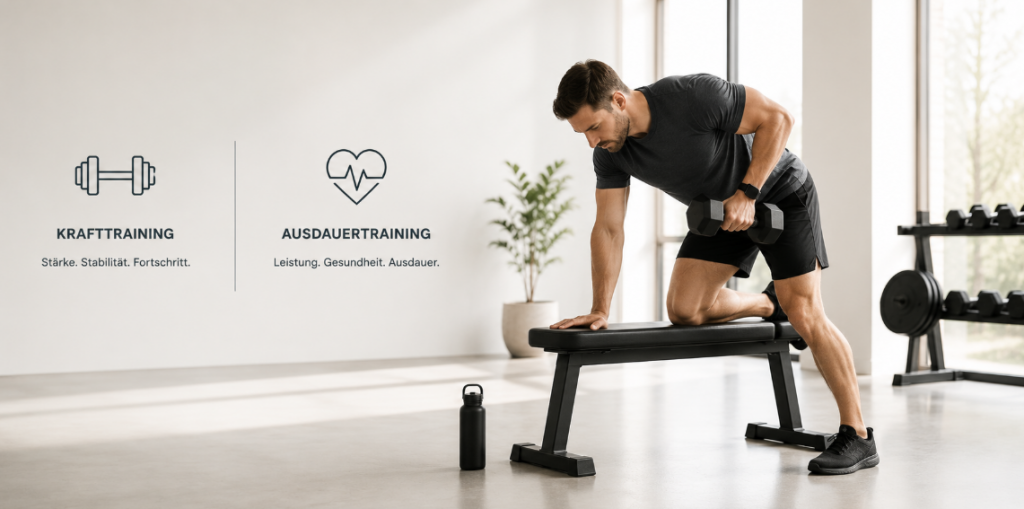Minimalistische Darstellung von Training & Bewegung mit Krafttraining, Ausdauertraining und strukturiertem Fitnessaufbau im hellen modernen Trainingsumfeld.