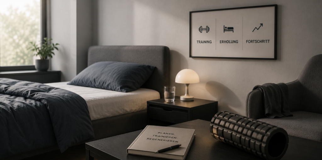 Minimalistische Darstellung von Regeneration & Belastung mit Schlaf, Erholung und bewusster Belastungssteuerung im ruhigen modernen Umfeld.