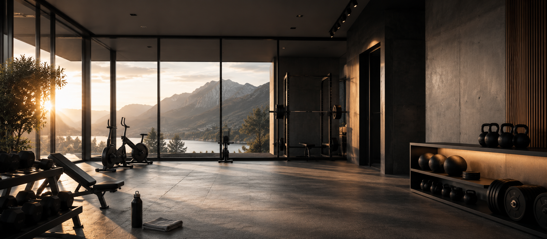 Minimalistischer Fitnessraum mit Panoramafenstern, warmem Morgenlicht und Blick auf Berge und See – atmosphärisches Beitragsbild für den Fitness Hub mit Fokus auf Ruhe, Disziplin, Gesundheit und moderne Lebensführung.