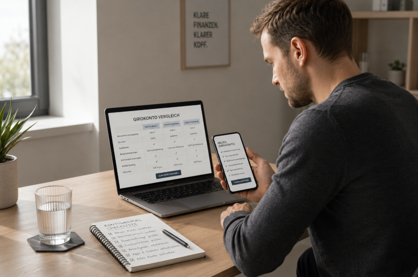 Girokonto wechseln – minimalistischer heller Arbeitsplatz mit Laptop, Smartphone, Glas Wasser und strukturierter Finanzplanung für einen entspannten Kontowechsel