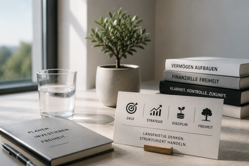 Geldanlage und Vermögensaufbau – minimalistischer heller Arbeitsplatz mit Glas Wasser, Notizbuch und Symbolen für finanzielle Freiheit und langfristige Planung