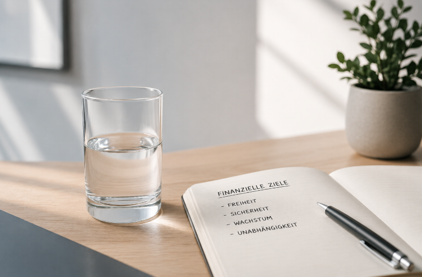 Geldanlage für Männer – minimalistischer heller Arbeitsplatz mit Glas Wasser, Notizbuch und finanziellen Zielen für strukturierten Vermögensaufbau