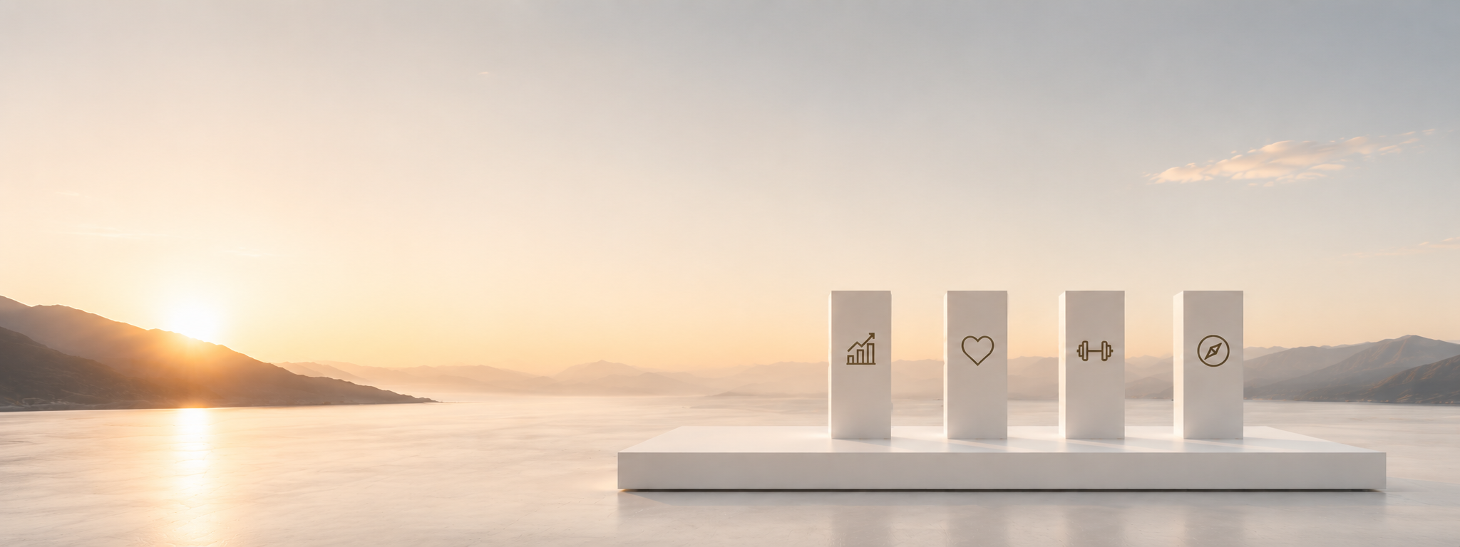 Minimalistische editoriale Systemgrafik mit vier ruhigen Säulen als Symbol für Orientierung, Stabilität und persönliche Entwicklung