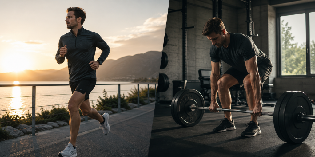 Geteilte Trainingsszene mit Läufer am Wasser bei Sonnenaufgang und Krafttraining im minimalistischen Gym – atmosphärische Darstellung zum Thema Hybridtraining und sinnvolle Kombination aus Laufen und Krafttraining.