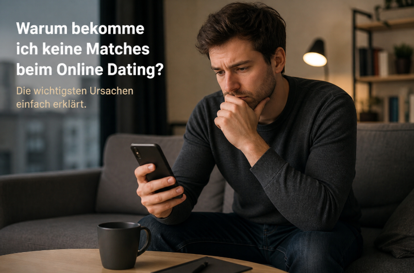 Mann schaut nachdenklich auf sein Smartphone – warum bekomme ich keine Matches beim Online Dating als typische Situation