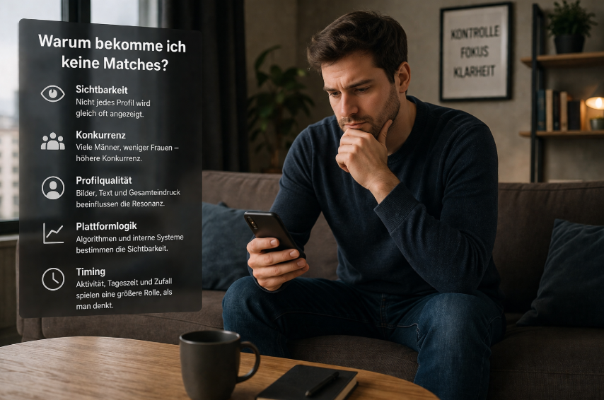 Mann blickt nachdenklich auf sein Smartphone – warum bekomme ich keine Matches beim Online Dating und welche Ursachen dahinterstehen
