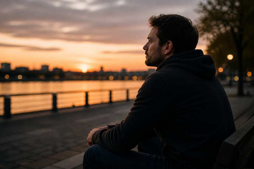 Mann sitzt ruhig am Wasser bei Sonnenuntergang – warum bekomme ich keine Matches beim Online Dating und warum das nichts über den eigenen Wert aussagt