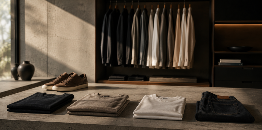 Minimalistische Garderobe mit neutralen Farben, gefalteten Basics und modernen Herrenschuhen in hochwertigem Innenraum – ruhige Darstellung zum Thema männlicher Kleidungsstil und zeitlose Outfit-Basics.