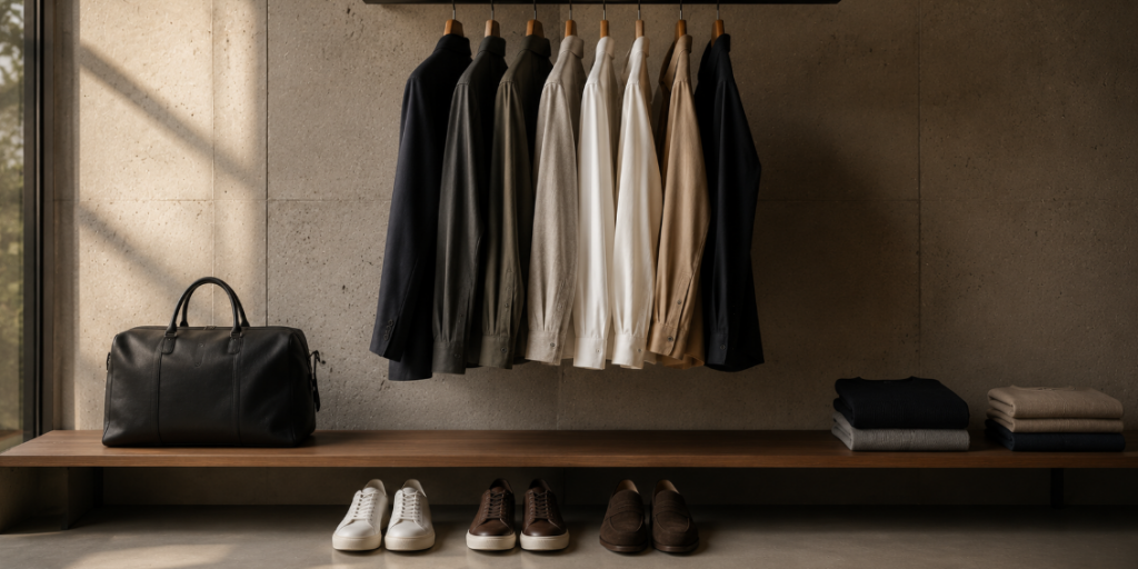 Minimalistische Herrengarderobe mit neutralen Farben, hochwertigen Basics und modernen Lederschuhen in ruhigem Innenraum – stilvolle Darstellung zum Thema männlicher Kleidungsstil und zeitlose Passformen.