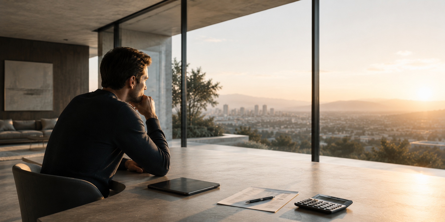 Nachdenklicher Mann sitzt in modernem Wohnraum mit Blick über Stadtlandschaft bei Sonnenuntergang – ruhige atmosphärische Darstellung zum Thema wie viel Kredit kann ich mir leisten und finanzielle Entscheidungen mit langfristiger Perspektive.
