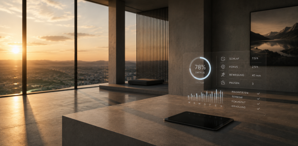 Minimalistische Innenraumszene mit warmer Lichtstimmung, moderner Architektur und dezentem holografischem Interface als Symbol für Balance, Fokus, Energie und strukturierte Lebensführung im Alltag.