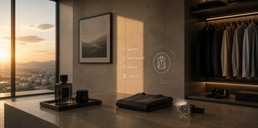Minimalistische Szene mit hochwertiger Herrenbekleidung, reduzierten Pflegeobjekten und warmer Lichtstimmung in modernem Innenraum als Symbol für Stil, Selbstrespekt, gepflegtes Auftreten und bewusste Lebensführung.