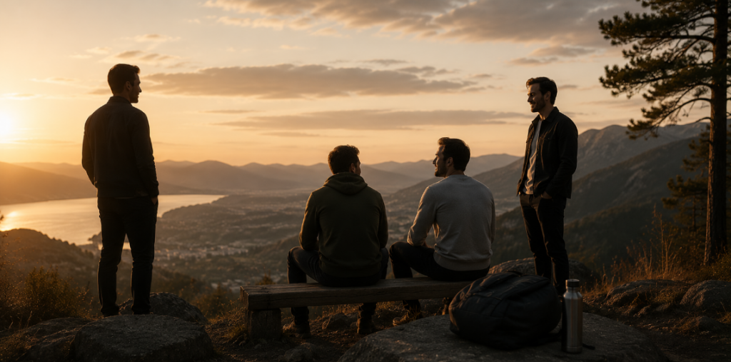 Minimalistische Outdoor-Szene mit mehreren Männern in ruhiger Abendstimmung und weiter Landschaft als Symbol für Selbstoptimierung & Lifestyle, soziale Qualität, persönliche Entwicklung und bewusste Beziehungen.