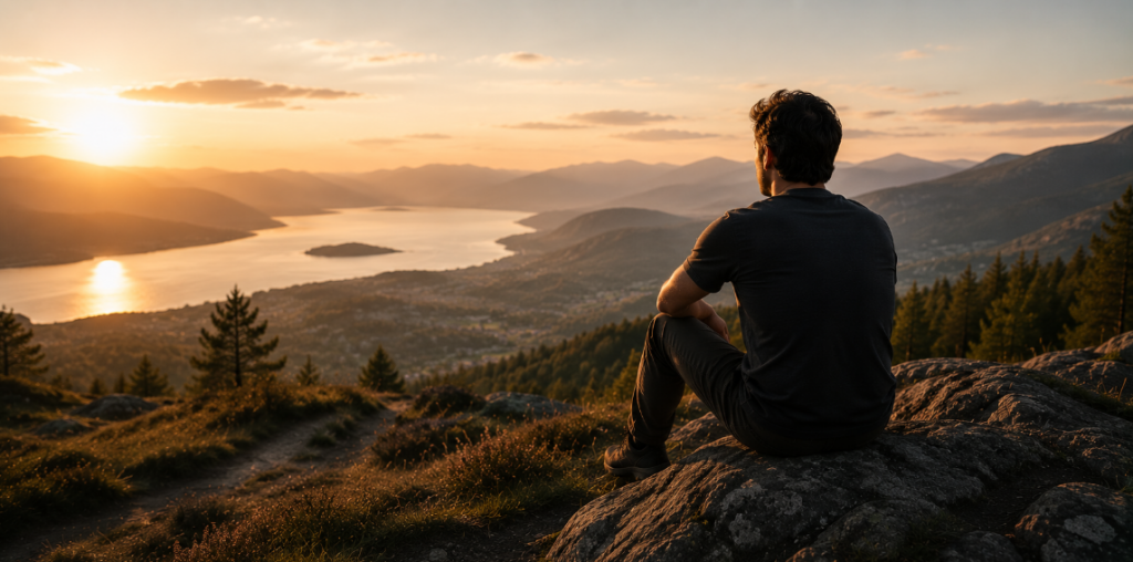 Minimalistische Outdoor-Szene mit einzelner Person vor weiter Berg- und Seenlandschaft im warmen Abendlicht als Symbol für Selbstoptimierung & Lifestyle, bewusste Freizeitgestaltung, Perspektivwechsel und persönliche Entwicklung.