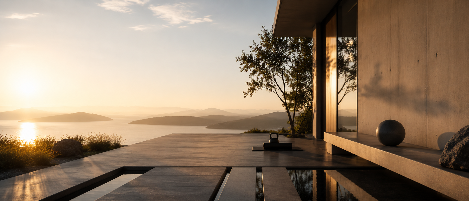 Minimalistische Architektur mit ruhiger Wasserfläche, warmem Morgenlicht und weitem Blick über Meer und Berge – elegantes Beitragsbild für bewusste Lebensführung, Klarheit, Fokus, Disziplin und moderne maskuline Ruhe.