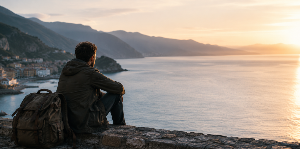 Mann sitzt allein mit Rucksack an mediterraner Küste bei Sonnenuntergang – ruhige atmosphärische Darstellung zum Thema allein reisen nach einer Trennung und bewusster Abstand vom Alltag.