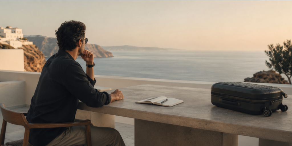 Ruhige mediterrane Reiseszene mit modernem Koffer, Meerblick und minimalistischer Architektur bei warmem Abendlicht – atmosphärische Darstellung zum Thema Reisen ohne Stress und bewusste Reiseentscheidungen.