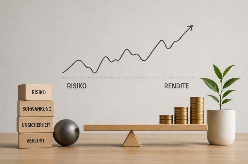 Risiko und Rendite beim Investieren – minimalistische Darstellung mit Schwankungen, Unsicherheit und steigenden Münzstapeln als Symbol für langfristige Renditechancen und Vermögensaufbau