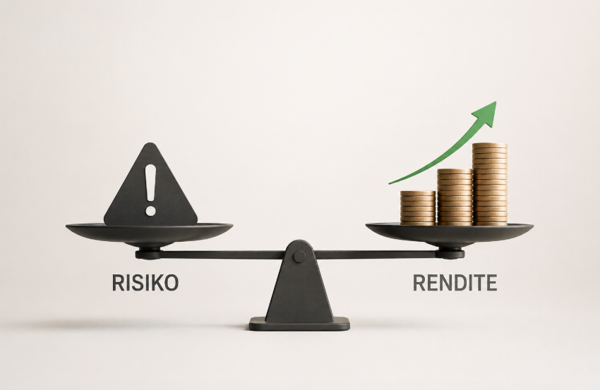 Risiko und Rendite beim Investieren – minimalistische Waage mit Risikosymbol und steigenden Münzstapeln als Darstellung von Schwankung und langfristiger Renditechance