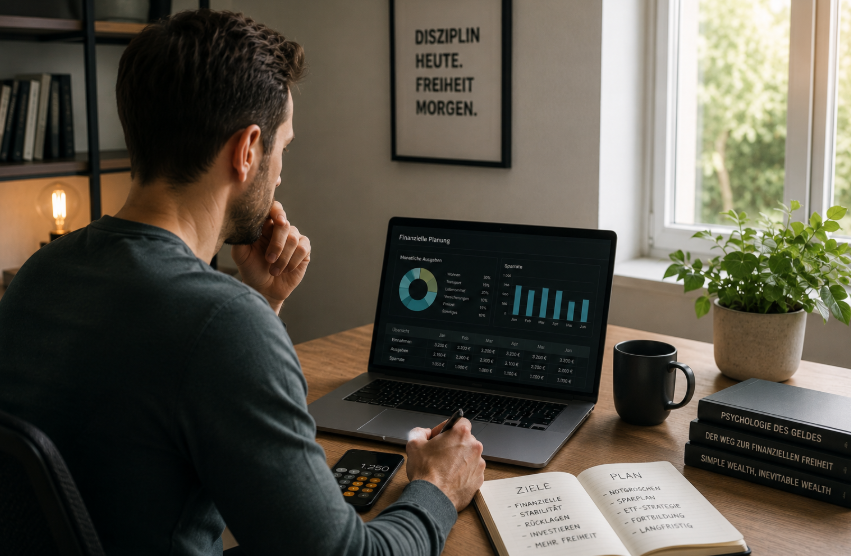 Sparstrategien – Mann plant langfristige Finanzen und strukturierten Vermögensaufbau am Laptop in hellem minimalistischen Homeoffice