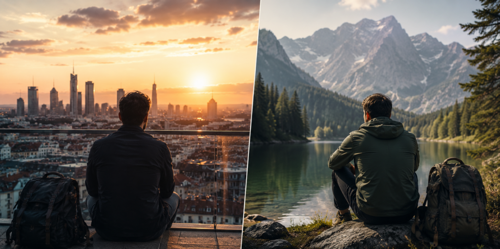 Zweiteilige Reiseszene mit urbaner Städtereise bei Sonnenuntergang und ruhigem Naturaufenthalt am Bergsee – atmosphärische Darstellung zum Thema Städtereise oder Natur und unterschiedliche Formen der Erholung.