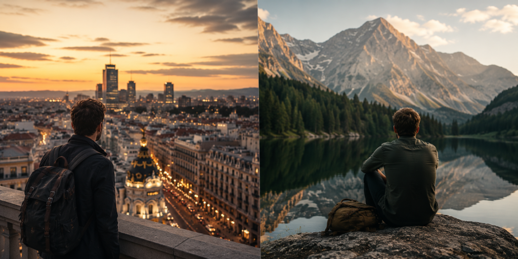 Geteilte Reiseszene mit urbaner Städtereise am Abend und ruhigem Naturaufenthalt am Bergsee – atmosphärische Darstellung zum Thema Städtereise oder Natur und unterschiedliche Formen bewusster Erholung.