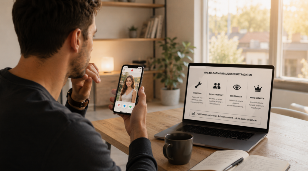 Mann mit Smartphone und Dating-App in modernem Homeoffice als Darstellung von Dating Realität, Online-Dating und moderner Partnersuche im digitalen Alltag.