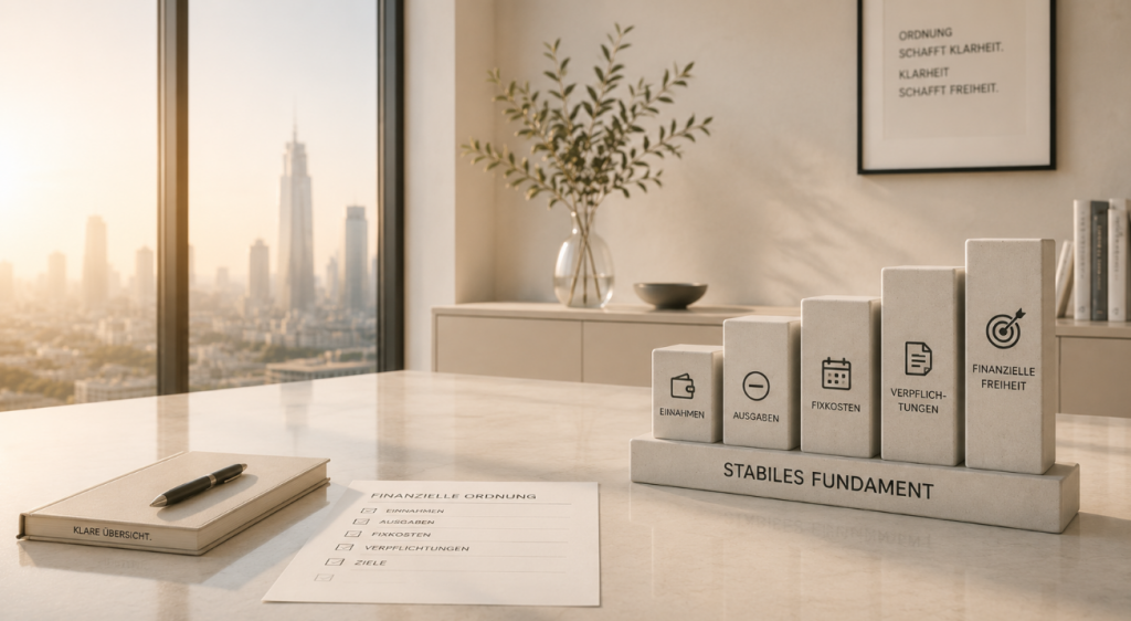 Minimalistische finanzielle Ordnung auf hellem Marmortisch vor moderner Stadtkulisse als Darstellung von Vermögensaufbau verstehen, finanzieller Struktur und stabilem Fundament vor Investitionen.