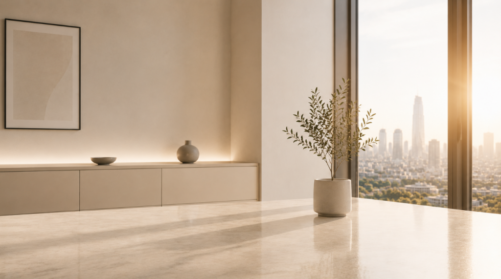 Minimalistische moderne Innenarchitektur mit heller Fensterfront, Marmortisch und dezenter Pflanze als Darstellung davon, wie Vermögensarchitektur im Alltag aussehen kann.
