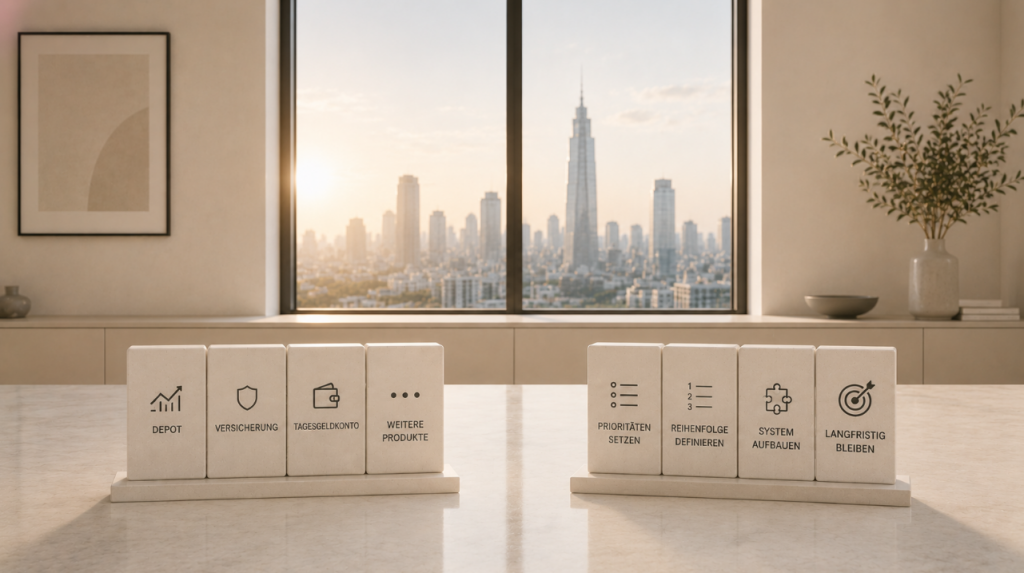 Minimalistische Darstellung von Finanzprodukten und finanzieller Strategie in hellem modernen Interior mit zentraler Fensterfront als Symbol für Vermögensaufbau verstehen, finanzielle Struktur und langfristige Planung.