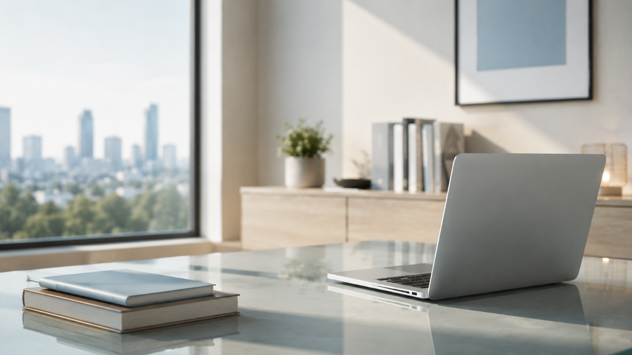 Minimalistischer Glas-Schreibtisch im modernen Homeoffice mit Laptop und Büchern vor heller Stadtkulisse als Darstellung von Versicherungen, finanzieller Planung und langfristiger Stabilität.