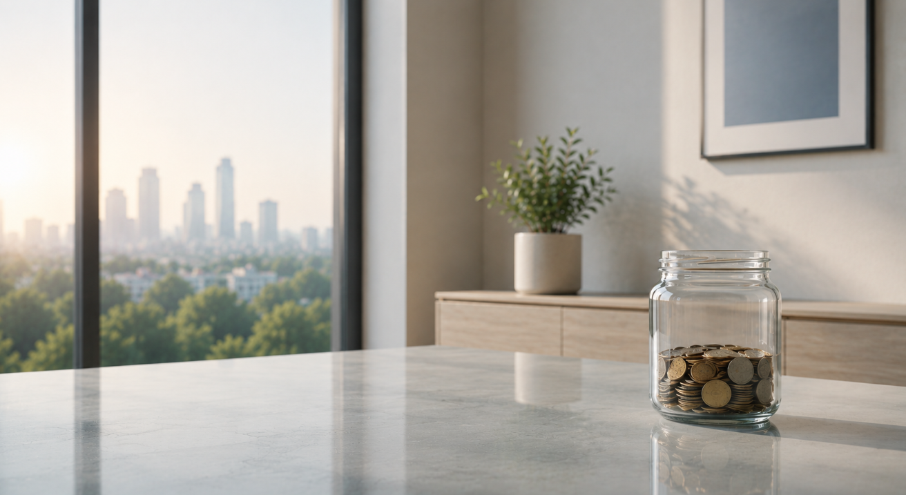 Minimalistisches Glas mit Münzen auf hellem Schreibtisch vor moderner Fensterfront als Darstellung von Absicherung vor Investition, Notgroschen und finanzieller Stabilität.