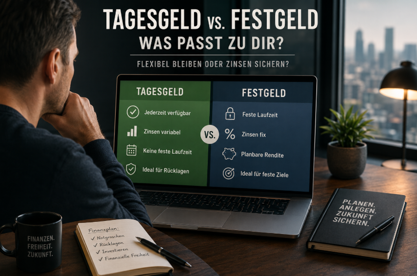 Tages- und Festgeld Vergleich – Mann analysiert am Laptop Unterschiede zwischen Tagesgeld und Festgeld zur sicheren Geldanlage und finanziellen Planung
