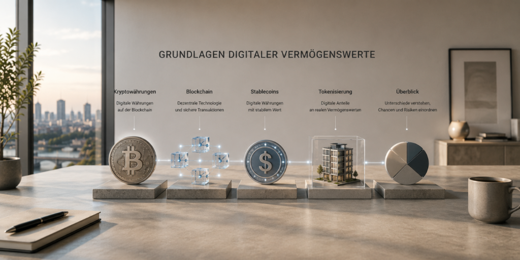 Minimalistische Darstellung digitaler Vermögenswerte mit Blockchain-Strukturen, Stablecoins und moderner Architektur im hellen professionellen Umfeld.