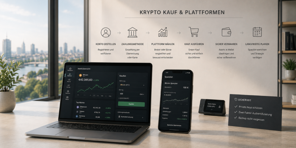 Minimalistische Darstellung zum Thema Krypto Kauf & Plattformen mit moderner Trading-Plattform, Smartphone und sicherer Wallet-Infrastruktur im hellen professionellen Umfeld.