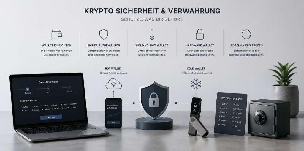 Minimalistische Darstellung von Krypto Sicherheit & Verwahrung mit Hardware Wallet, digitaler Sicherheitsstruktur und moderner Infrastruktur zur sicheren Aufbewahrung digitaler Vermögenswerte.