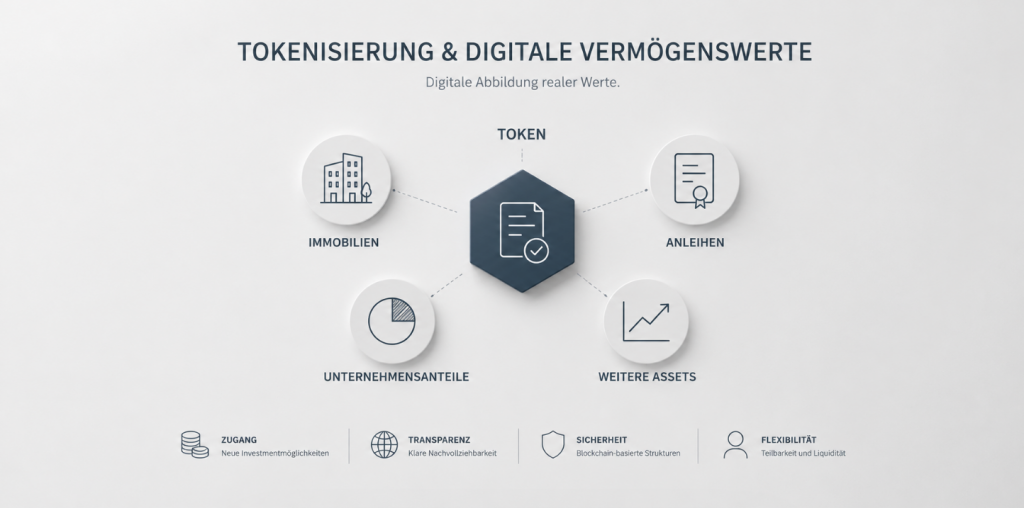 Minimalistische Darstellung von Tokenisierung & digitalen Vermögenswerten mit digitaler Abbildung von Immobilien, Anleihen und Unternehmensanteilen im modernen professionellen Umfeld.