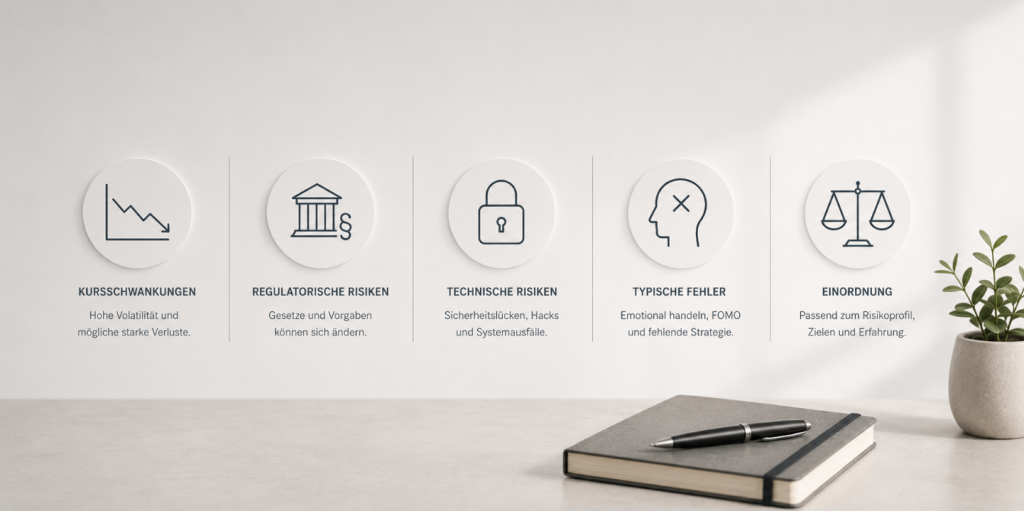 Minimalistische Darstellung von Risiken & Einordnung digitaler Vermögenswerte mit Kursschwankungen, regulatorischen Risiken und strukturierter Bewertung von Kryptowährungen im professionellen Umfeld.