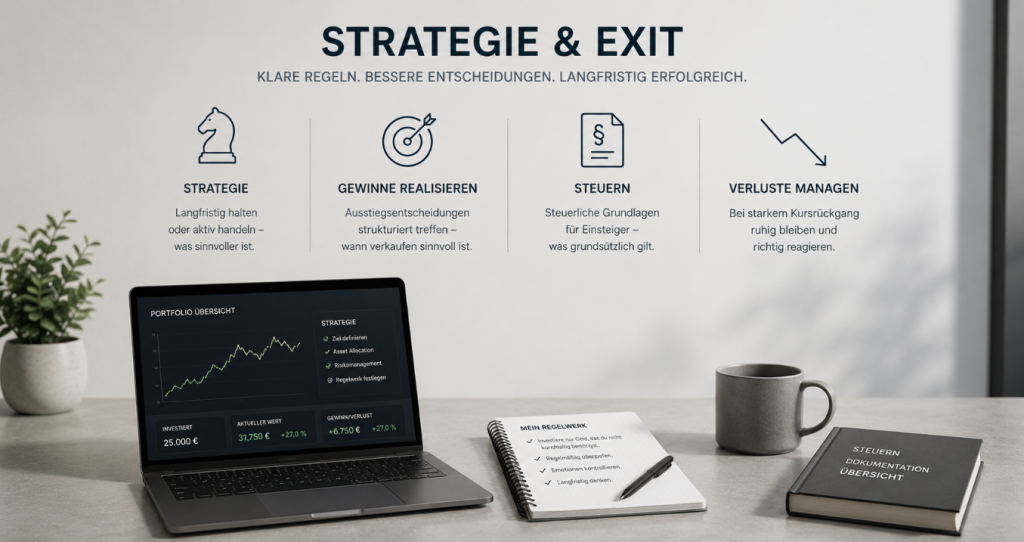 Minimalistische Darstellung von Strategie & Exit bei Kryptowährungen mit langfristiger Investmentstrategie, Gewinnmitnahmen und strukturierter Entscheidungsfindung im modernen professionellen Umfeld.