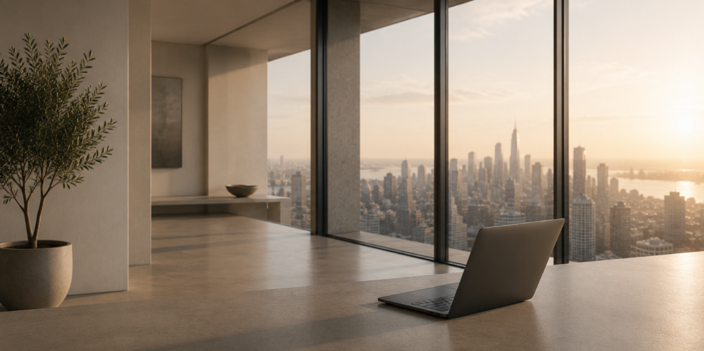 Minimalistische Darstellung zum Thema Vermögensaufbau mit modernem Laptop, großzügiger Fensterfront und ruhigem urbanem Umfeld im warmen Tageslicht.