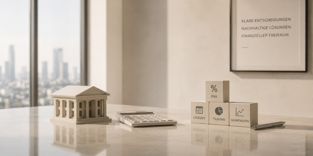 Minimalistische Darstellung zum Thema Kredite & Finanzierung mit Kreditunterlagen, Taschenrechner und abstrahierten Symbolen für Zins, Tilgung und Laufzeit im modernen Business-Umfeld.