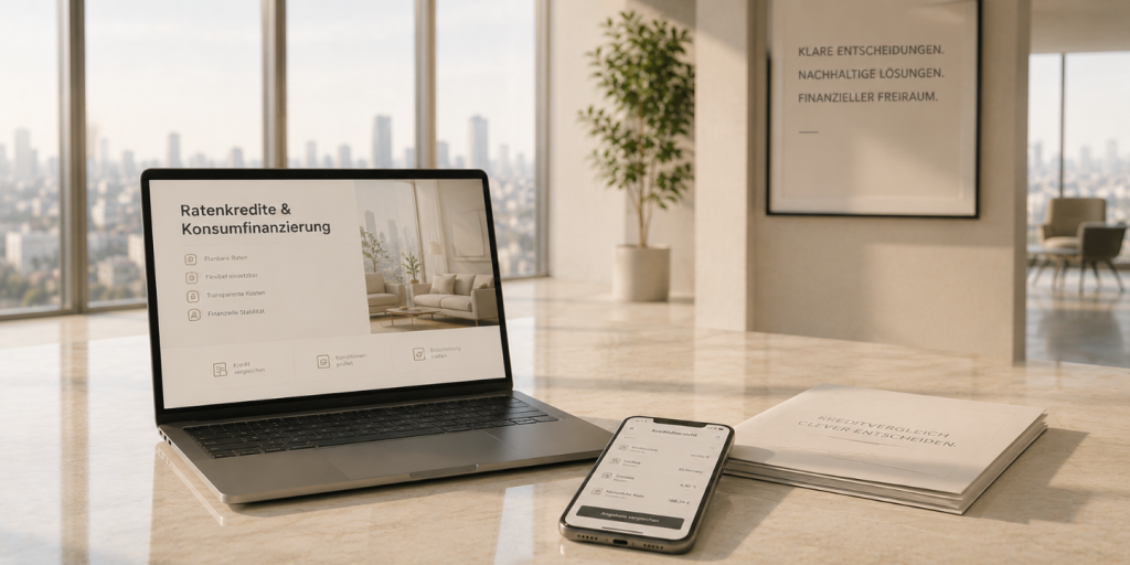 Minimalistische Darstellung zum Thema Ratenkredite & Konsumfinanzierung mit Laptop, Smartphone und digitalen Kreditinformationen im modernen hellen Business-Umfeld.