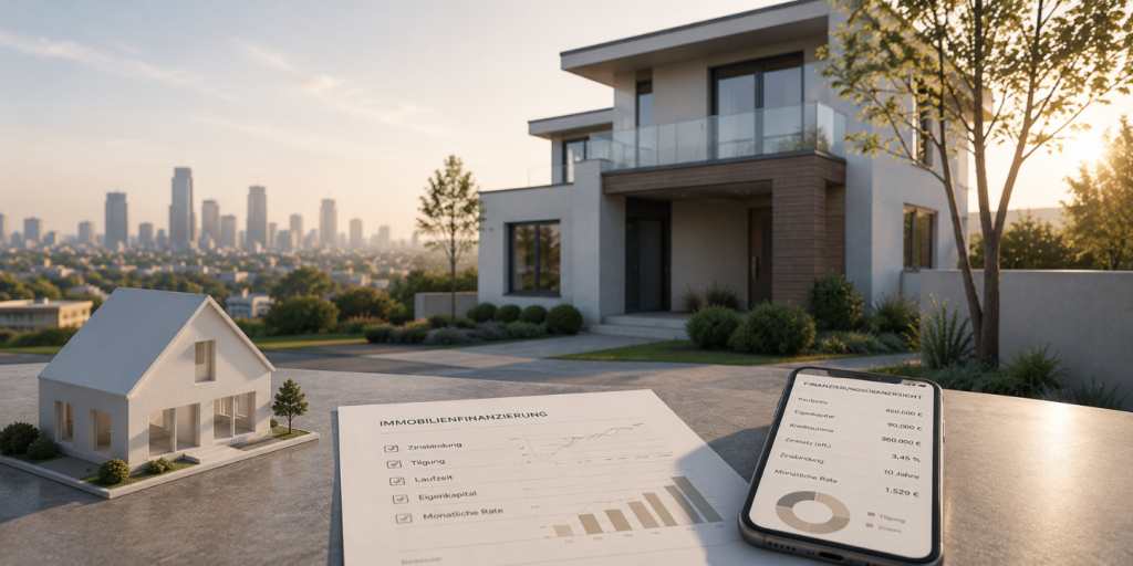 Minimalistische Darstellung zum Thema Immobilienfinanzierung mit modernem Eigenheim, Finanzierungsunterlagen und Smartphone im hellen architektonischen Umfeld.