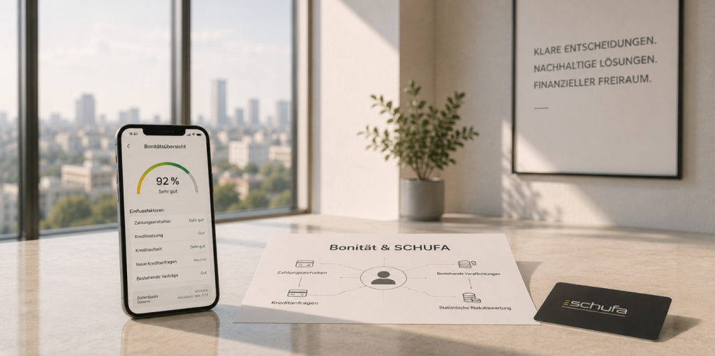 Minimalistische Darstellung zum Thema Bonität & SCHUFA mit Smartphone, Bonitätsübersicht und digitalen Bewertungsdaten im hellen modernen Business-Umfeld.