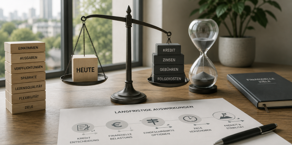 Minimalistische Darstellung zu Risiken und langfristigen Auswirkungen von Krediten mit Waage, Zeitbezug und finanziellen Verpflichtungen im modernen ruhigen Arbeitsumfeld.