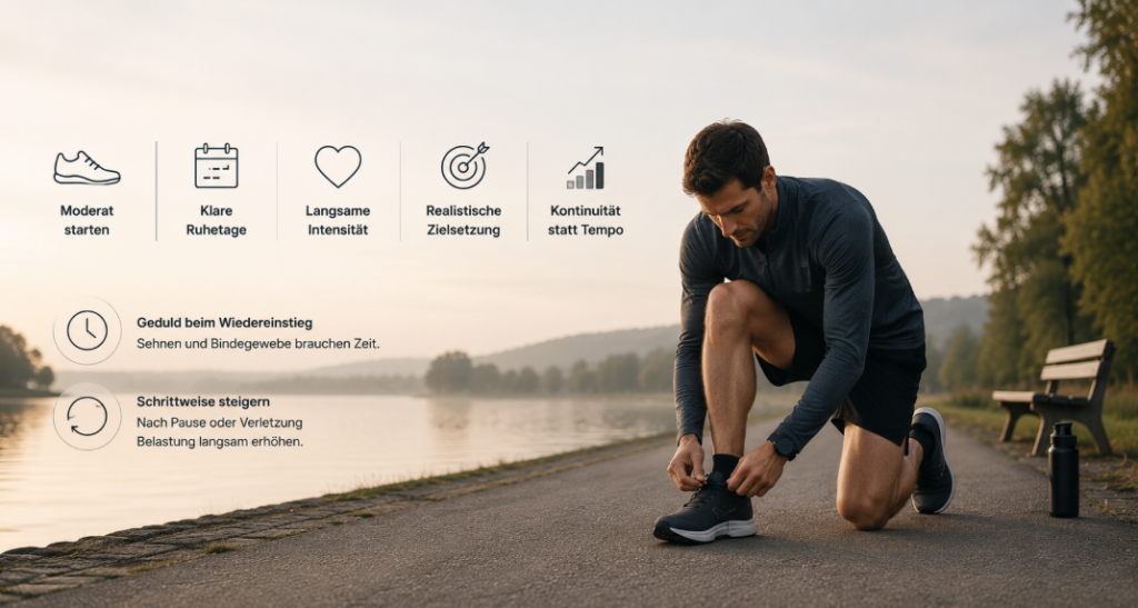Minimalistische Darstellung von Einstieg und Wiedereinstieg ins Lauftraining für Männer mit ruhigem Trainingsaufbau, moderater Belastung und langfristiger Kontinuität im natürlichen Umfeld.