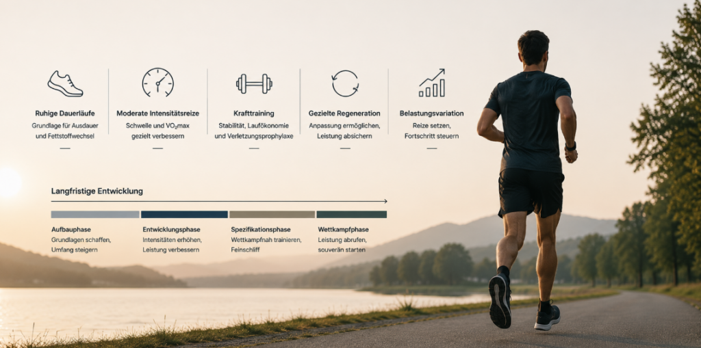 Minimalistische Darstellung von Trainingsstruktur und langfristiger Entwicklung im Lauftraining mit Ausdauerlauf, Krafttraining, Regeneration und nachhaltigem Leistungsaufbau im natürlichen Umfeld.